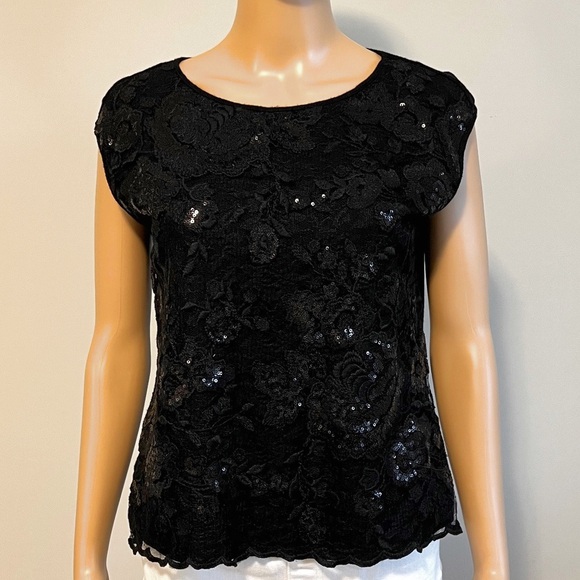 Vince Camuto Lace & Sequin Front Sleeveless T-shirt Top Black - Picture 5 of 12